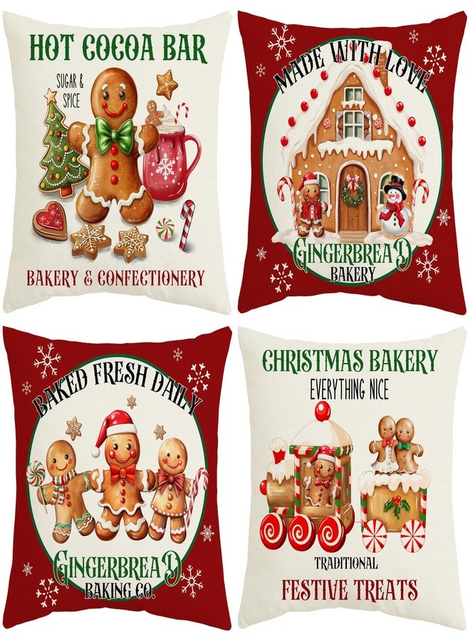 THAWAY Christmas Pillow Covers 18x18 Inch Set of 4 Gingerbread Man House Decorative Cushion Covers Xmas Bakery Hot Cocoa Outdoor Pillowcase Winter Holiday Decor Cushion Case for Home Couch - Image 1